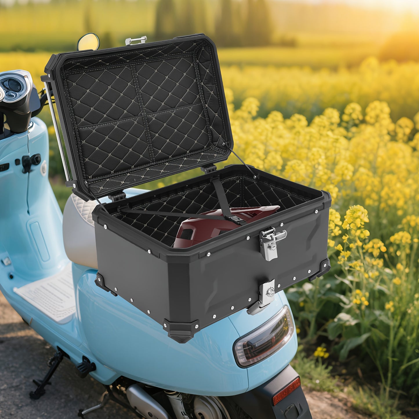 Motorbox – Motorkoffer – Topkoffer – Bagagekoffer – Motoruitrusting – 65 Liter Inhoud – Stevig Aluminium & Carbonstaal – Veilig Slot & Schokdempende Voering – Zwart