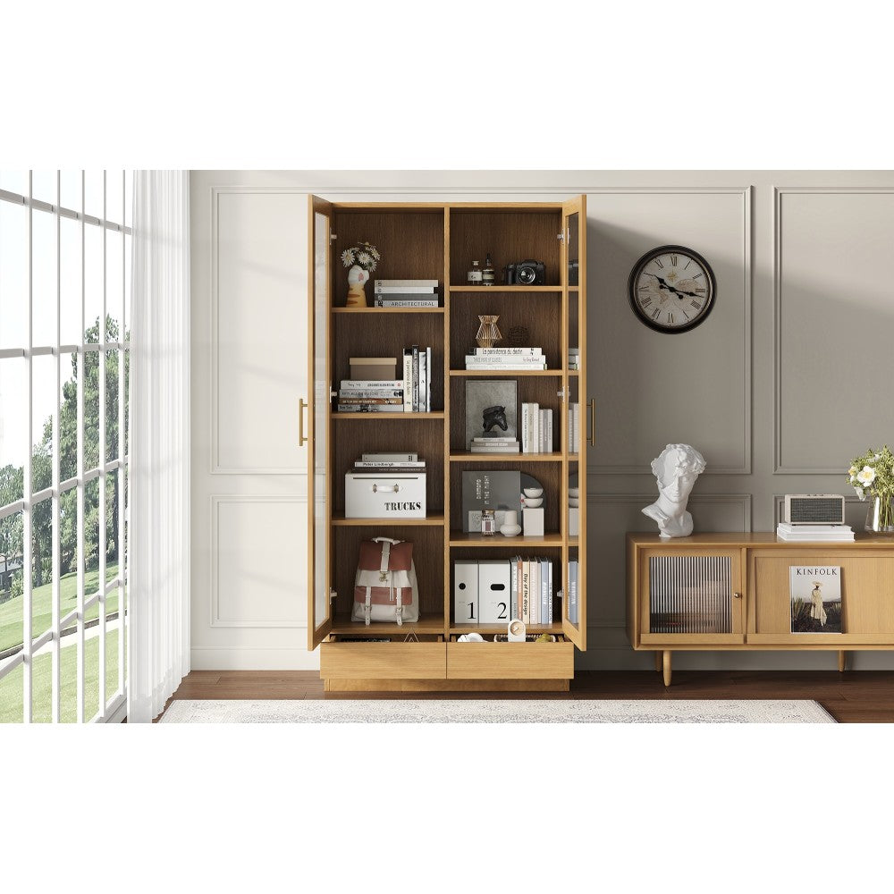 Vitrinekast Modern – Glazen Kast – Boekenkast – Opbergkast – Displaykast – Natuurlijk Houten Frame – Vrijstaand Met Push-to-Open Lades – 80x40x160 cm