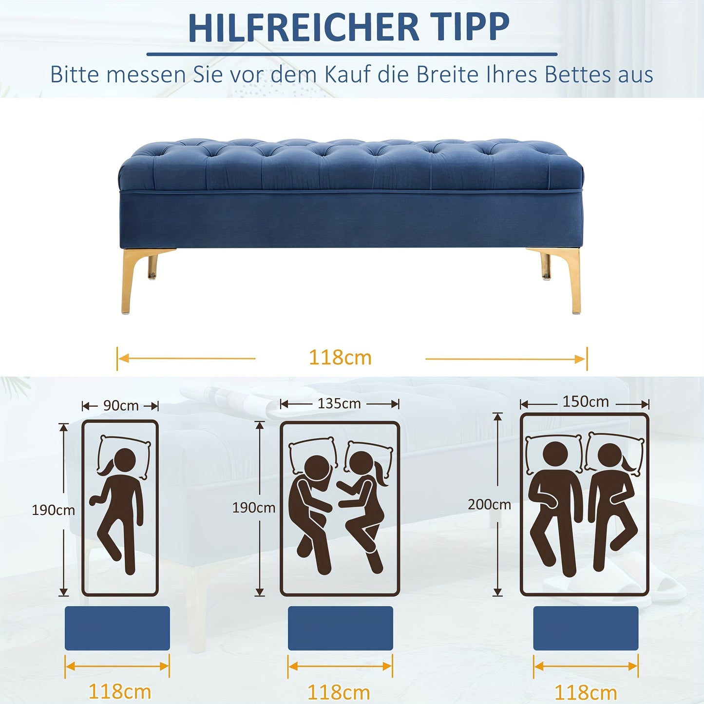 Fluwelen Bank – Zitbank – Schoenenbank – Voetenbank – Bedbank – Blauw – 118 x 45 x 42 cm – Stevig Metalen Poten – Comfortabel Zacht Fluweel