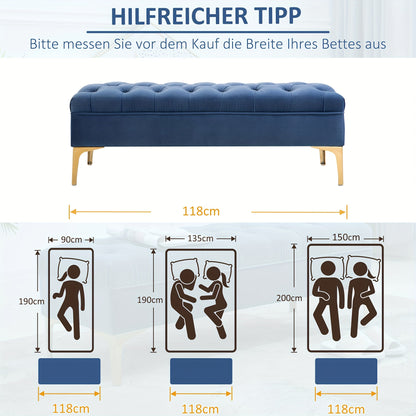Fluwelen Bank – Zitbank – Schoenenbank – Voetenbank – Bedbank – Blauw – 118 x 45 x 42 cm – Stevig Metalen Poten – Comfortabel Zacht Fluweel