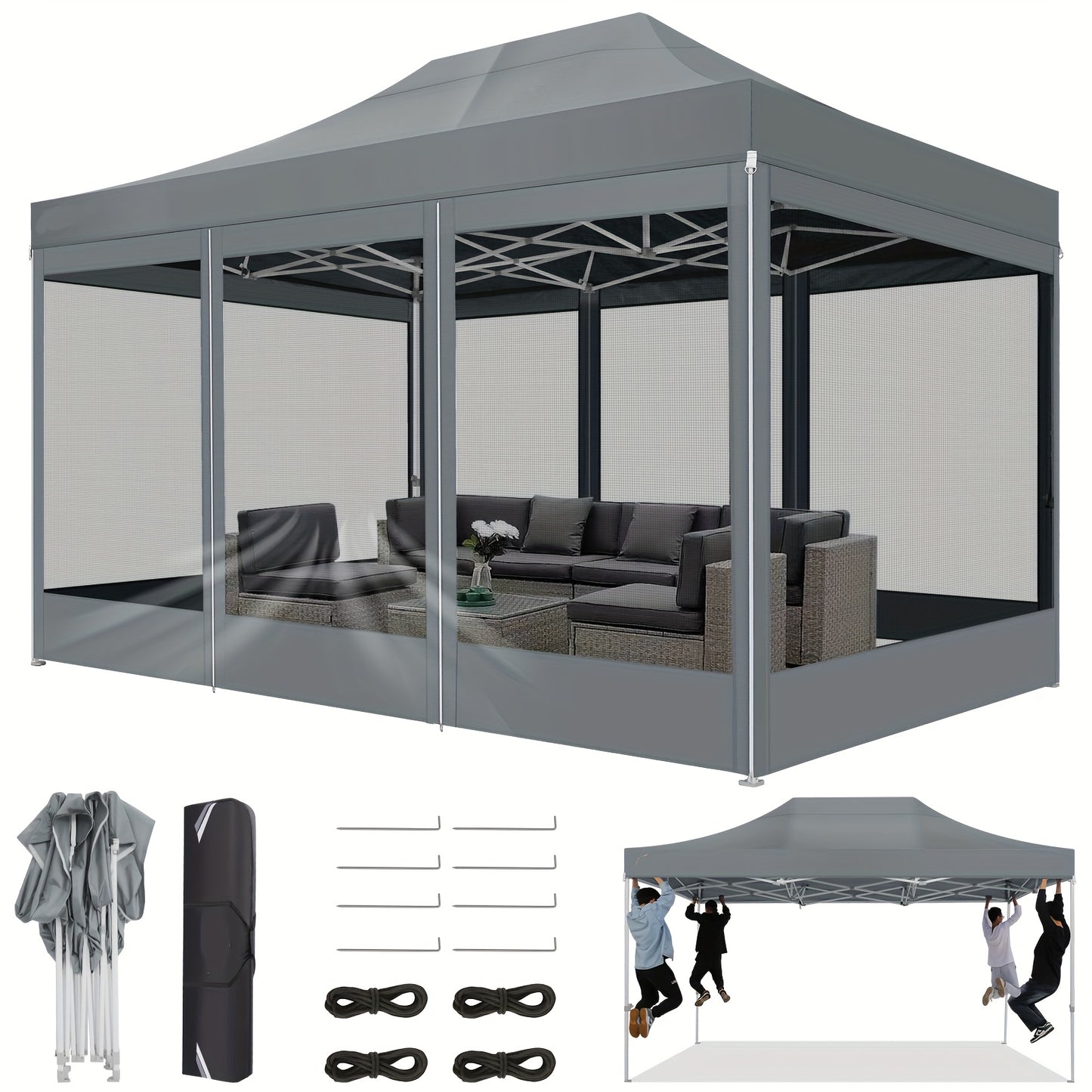 Partytent – Paviljoen – Opvouwbare Tent – Feesttent – Tuin Tent – 3x4,5m Pop-up – Met 4 Afneembare Mesh Zijwanden – Snelle Setup – Ademend & Beschermend