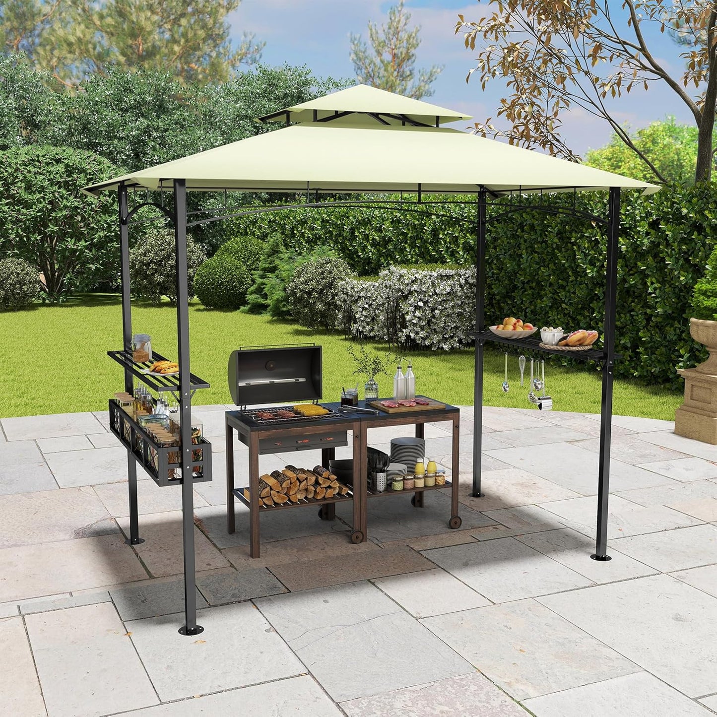 BBQ Overkapping – BBQ Paviljoen – Tuinpaviljoen – Barbecue Tent – Tuinoverkapping – Beige Zwart – Stevig Metaal Frame – Water- en UV-bestendig Doek – 244x138x250 cm
