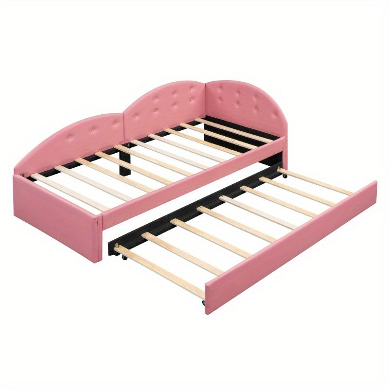 Slaapbank – Uitschuifbare Bedbank – Logeerbed – Bankbed – Bedbank 90x200 cm – Roze PU Leder – Modern Design – Handmatig Uitschuifbaar