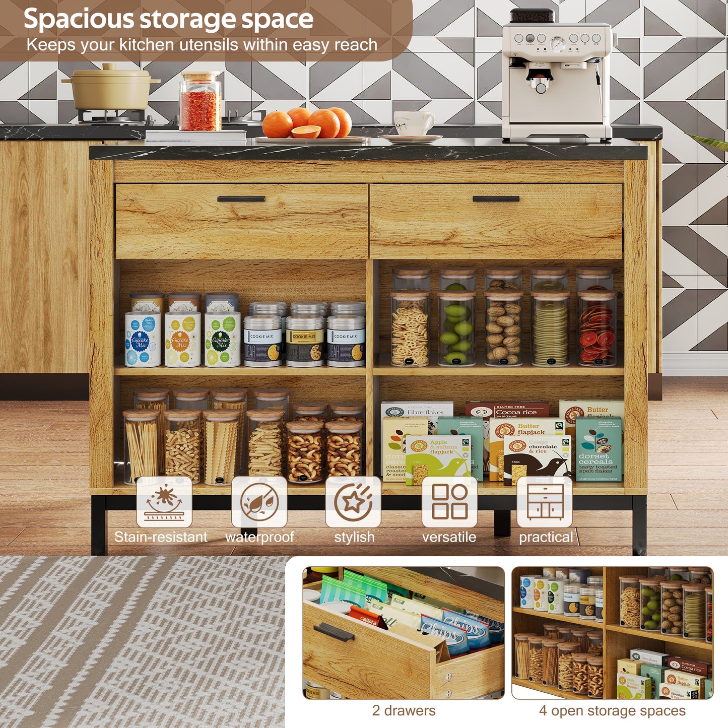 Keukenwagen – Keukentrolley – Keukenmeubel – Keukenkar – Eikenhoutdecor – Zwart Marmeren Werkblad – 120x75x90 cm – Met 2 Lades En 4 Open Planken