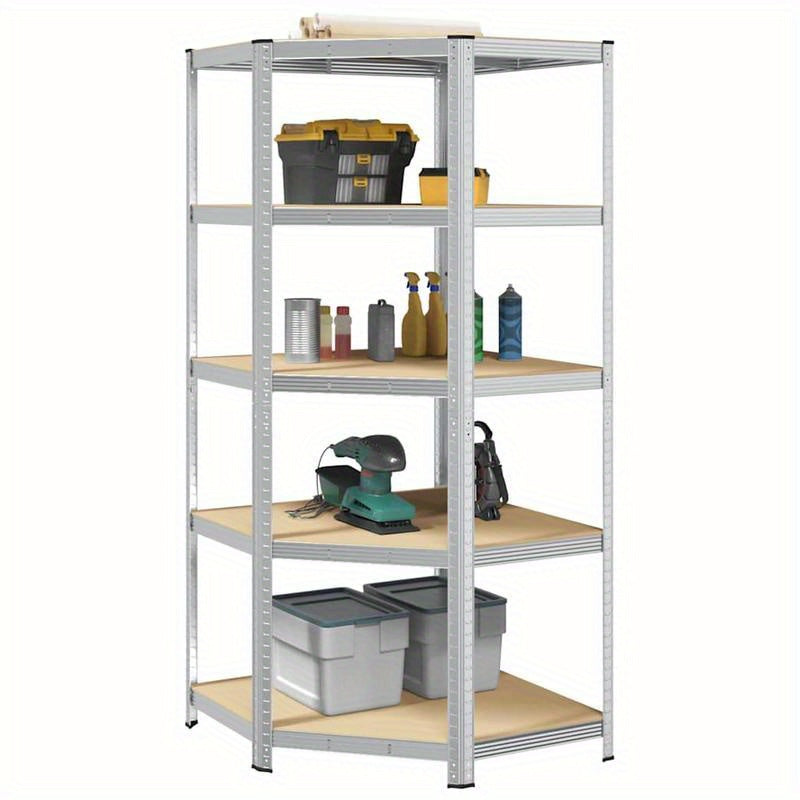 Corner Shelf with 5 Shelves Silver Steel & Wood Material Steel Frame Storage Rack, Garage Storage Rack, Suitable for Living Room, Kitchen, Bathroom, Home, Lobby, Courtyard, Corner Shelves