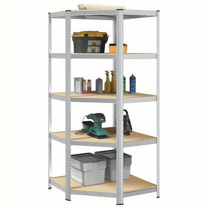 Corner Shelf with 5 Shelves Silver Steel & Wood Material Steel Frame Storage Rack, Garage Storage Rack, Suitable for Living Room, Kitchen, Bathroom, Home, Lobby, Courtyard, Corner Shelves