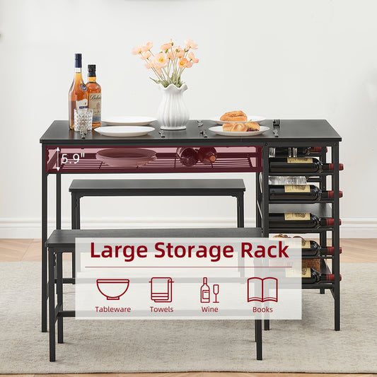 Eettafel Set – Eettafel Met Banken – Barset – Eethoek – Vintage Eettafel – Zwart-Grijs – Met Opbergruimte – Compact 120x70x30 cm