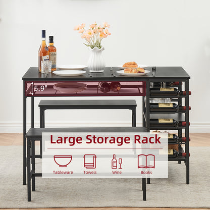 3-delige Eettafelset – Eettafel Met Banken – Tafeltje Met Opbergruimte – Barkrukset – Bankenset – Compact Ruimtebesparend Ontwerp – Stevig Hout Metaal Grijs