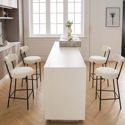 Set of 2 Modern Counter Height Bar Stools with Upholstered Boucle Seats & Backrests - Heavy-Duty Metal Frame, 136.08KG Weight Capacity, Black Legs & White Cushioned Seating - Easy Assembly, Contemporary Kitchen Island Chairs