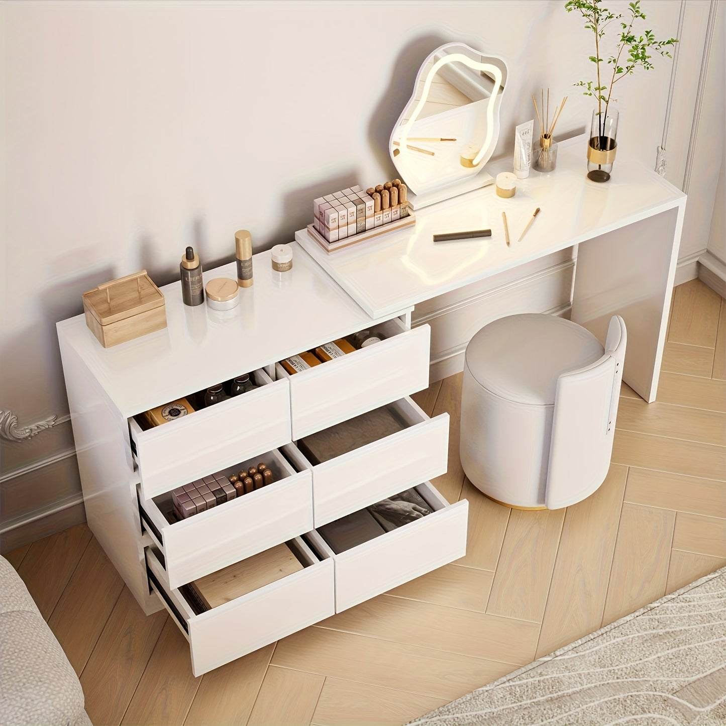 Kaptafel – Make-up Tafel – Dressoir – Opmaaktafel – Houten Kaptafel – Uitbreidbaar & Draaibaar Tafelblad – 6 Geluidsarme Lades – Wit