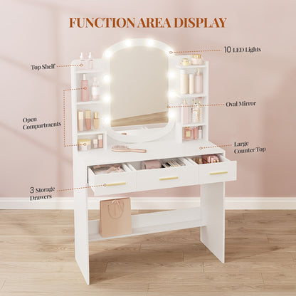 Kaptafel – Make-up Tafel – Dressoir – Toiletmeubel – Slaapkamermeubel – Wit – Ovale Spiegel – 3 Lades + 6 Open Vakken – MDF Met Populierenhout