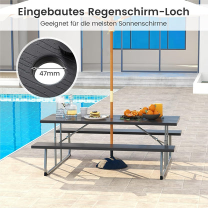 Vouwbare Bierbank – Bier Tent Set – Picknicktafel – Tuinbank – Feesttafel – Zwart – Houtlook HDPE Blad – Inclusief Parasolgat