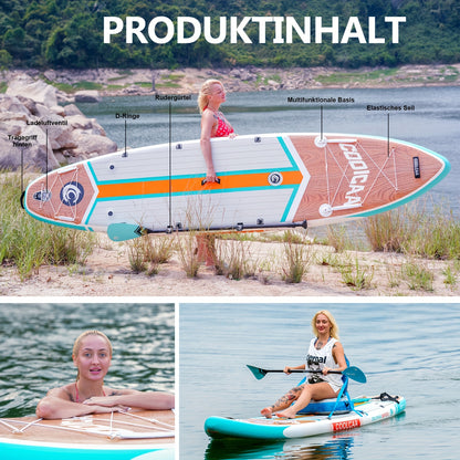 Stand Up Paddle Board – SUP Board – Inflatable Paddleboard – Surfboard – Watersportboard – Wood Grain Kleur – 360 cm Lang – Draagkracht 222 kg