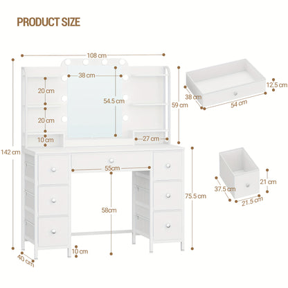 Make-up tafel – Kaptafel – Toillet – Dressing table – Vanity – Met Grote HD Spiegel – Verstelbare LED Verlichting – 7 Laden & 6 Open Vakken – Modern Wit