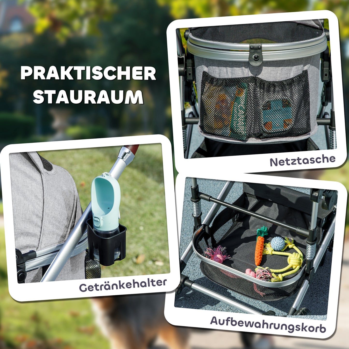 Hondenwagen – Huisdierenwagen – Buggy – Draagtas – Autostoel – Lichtgewicht Aluminium Frame – 3-in-1 Opvouwbaar Design – Inclusief Veiligheidsharnassen – Lichtgrijs