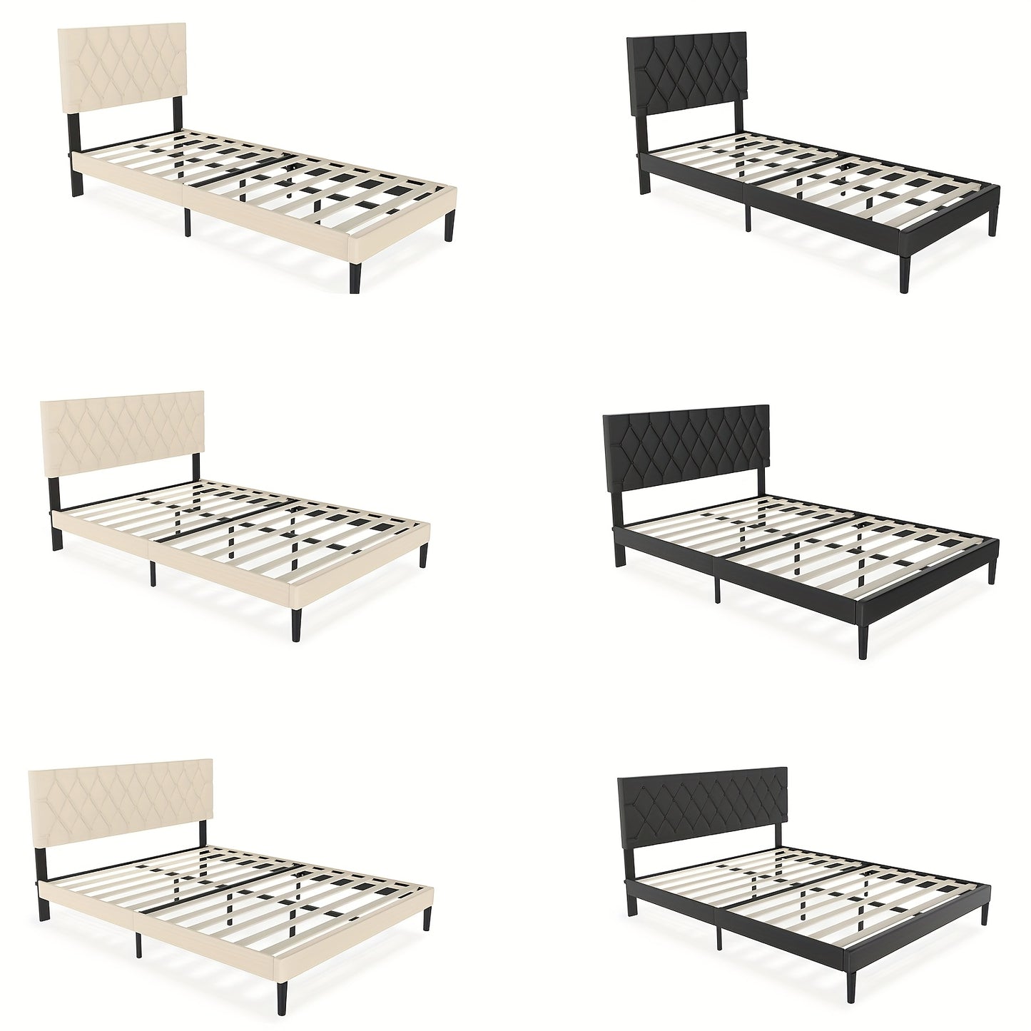 Upholstered Bed Frame Upholstered Bed with Headboard and Slatted Frame Bed Metal Platform Bed Frame Mattress Foundation, Leather, Beige/Black