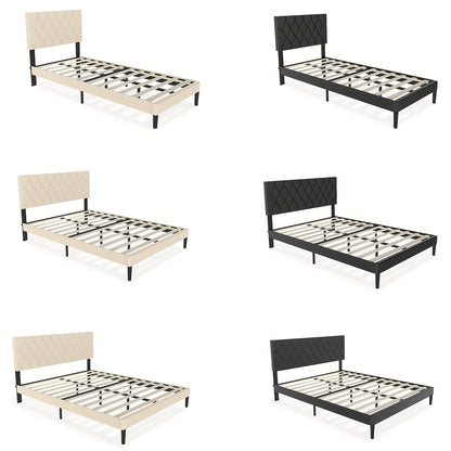Upholstered Bed Frame Upholstered Bed with Headboard and Slatted Frame Bed Metal Platform Bed Frame Mattress Foundation, Leather, Beige/Black