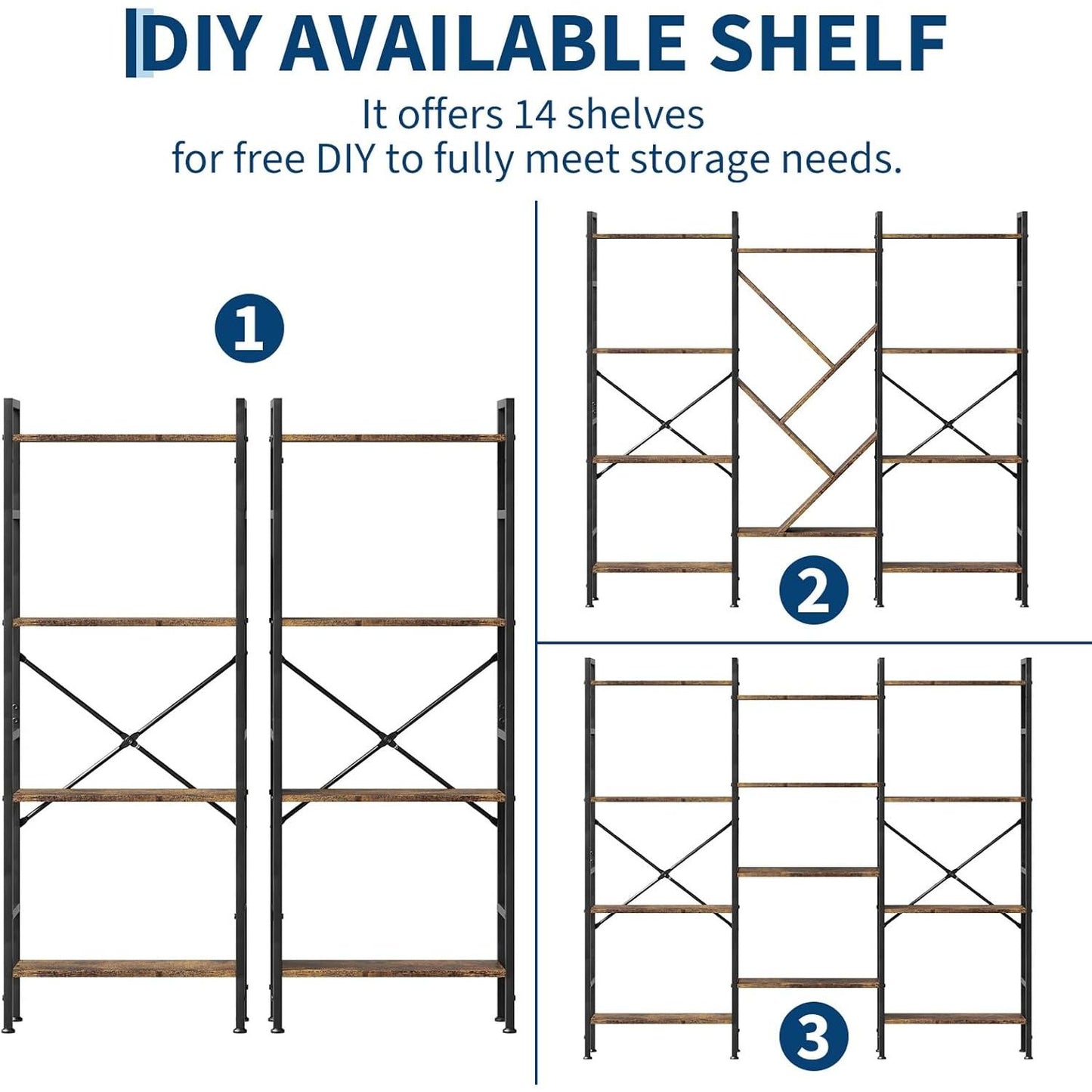 Triple 5 Tier Shelf Bookshelf | Rustic Wooden and Metal Display Book Shelf, Wide Bookcase, Adds Character to Your Room, Bedroom, Living Room, Home & Office Shelving, Brown, Freestanding, Assembly Required, TACKVIEW