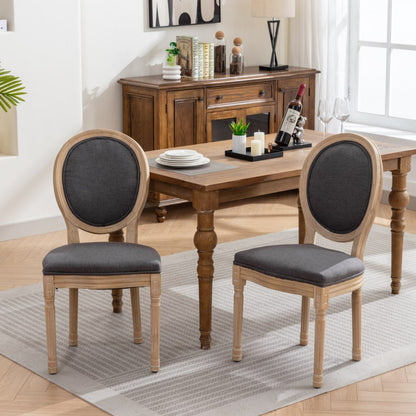 Dining chairs, French-style frame with Vintage oil painting-inspired linen upholstered backrest, set of two, deep grey, comfortable and durable.
