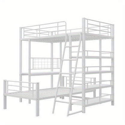 Hoogslaper – Loftbed – Stapelbed – Kinderbed – Eenpersoonsbed – Met Opbergrekken – 90x200 cm – Wit Metaal – Ruimtebesparend – Stevig