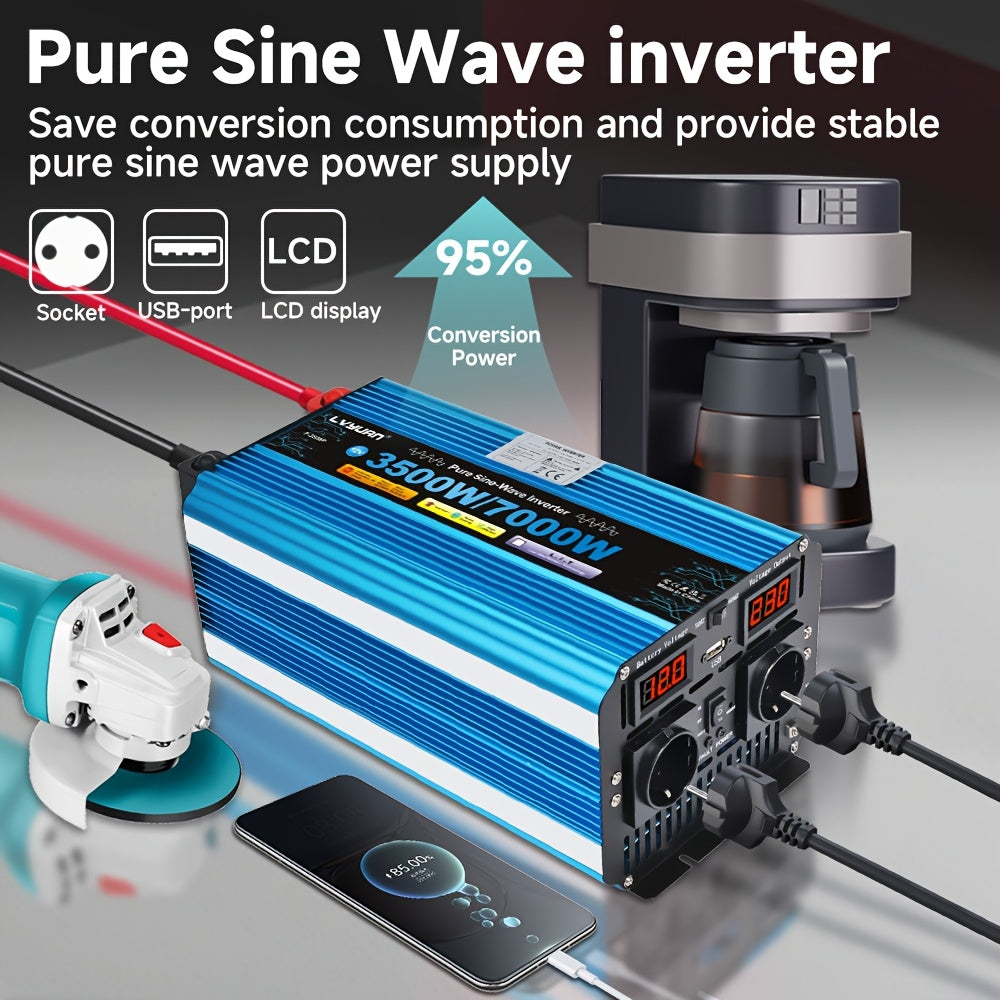 Omvormer – Spanningsomvormer – Inverter – Stroomomzetter – Converter – 12V/24V Naar 230V EU Stopcontact – Pure Sinusgolf – 3500W Continu Vermogen