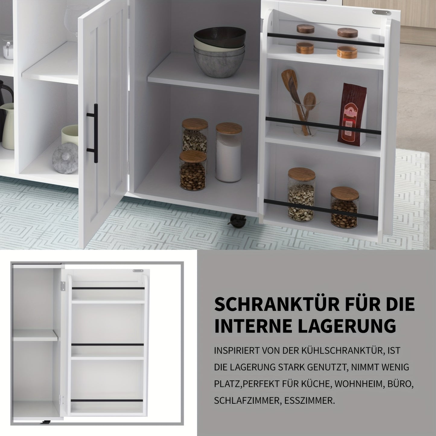 Keukentrolley – Serveerwagen – Keukenwagen – Opbergtrolley – Mobiele Kast – Wit – Massief Houten Werkblad – Verstelbare Voeten – 129x46 cm – Verrijdbaar Met Remmen