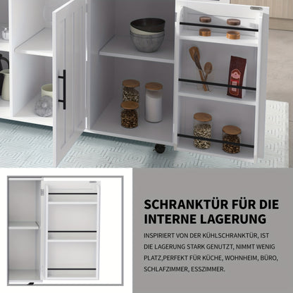 Keukentrolley – Serveerwagen – Keukenwagen – Opbergtrolley – Mobiele Kast – Wit – Massief Houten Werkblad – Verstelbare Voeten – 129x46 cm – Verrijdbaar Met Remmen