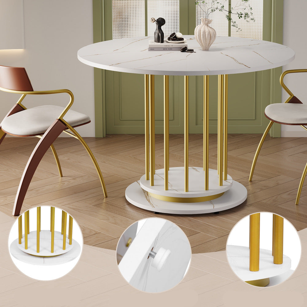 Ronde Eettafel – Eetkamertafel – Keukentafel – Tafel – Woonkamertafel – Wit Marmerlook Blad – Gouden Metalen Poten – Compact & Ruimtebesparend – Krasbestendig & Stevig