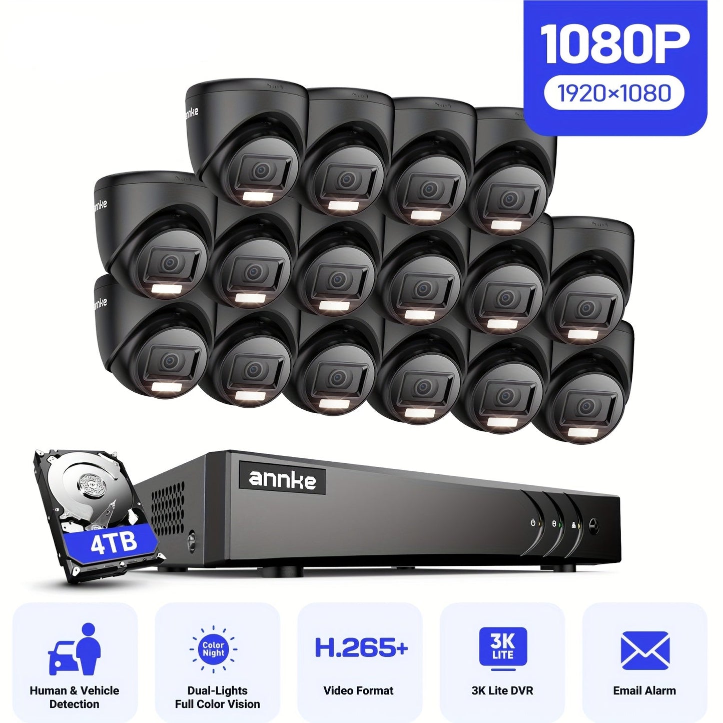 16-kanaals CCTV Beveiligingssysteem – Bewakingscamera Set – Beveiligingscamera Systeem – Camera Beveiliging – 4TB Opslagvariant – AI Mens- en Voertuigdetectie – 30 Meter Nachtzicht