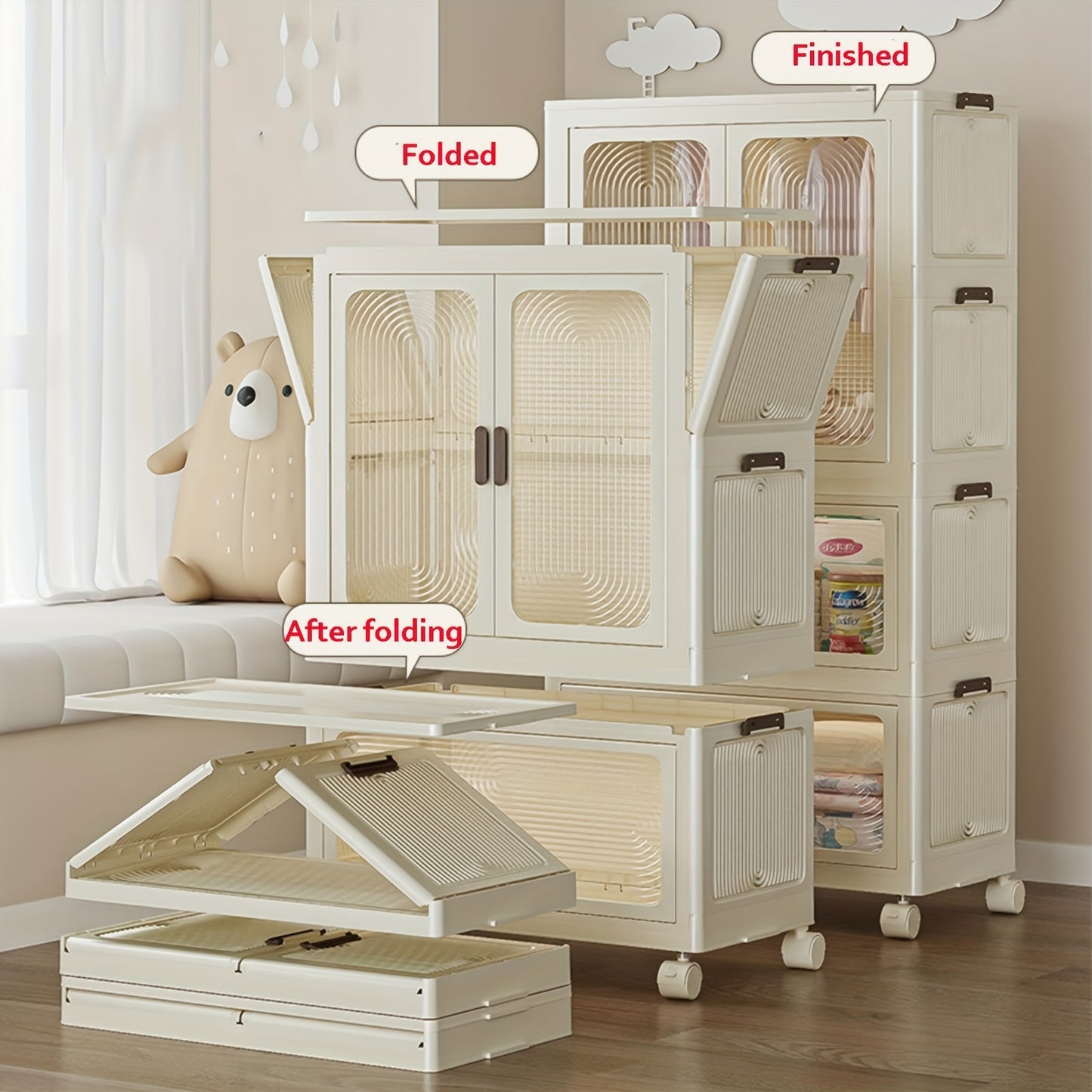 Kledingkast – Vouwbare Kast – Opvouwbare Kledingkast – Draagbare Garderobekast – Ruime Kast – 4 Laags – 10 Hangers – Mobiel Met Wieltjes – Eenvoudige Montage - Wit