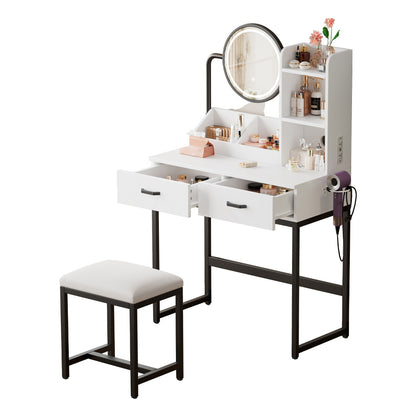 Make-up Tafel – Kaptafel – Schminktisch – Make-up Bureau – Vanity Set – Compact Formaat – Verstelbare Kruk Met Draaifunctie – Zwart Metalen Poten – 2 Lades & 2 Open Vakken – Kantelbare Spiegel – 80x138,5x40 cm