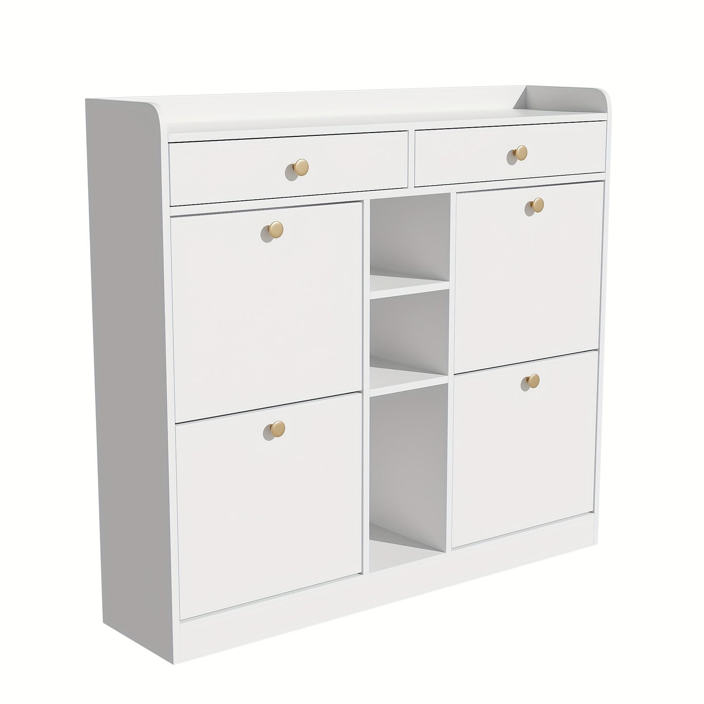 Schoenenkast – Schoenenrek – Schoenenopberger – Schoenenbank – Kast – Wit – 4 Draaideuren & 2 Lades – 110x26x100 cm – Ruime Opbergruimte – Gouden Handgrepen