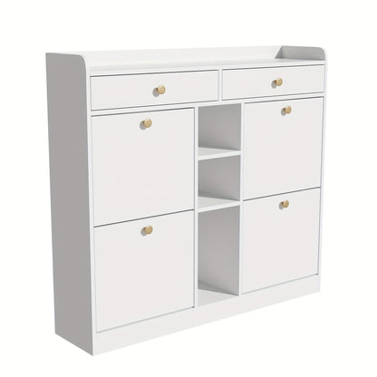 Schoenenkast – Schoenenrek – Schoenenopberger – Schoenenbank – Kast – Wit – 4 Draaideuren & 2 Lades – 110x26x100 cm – Ruime Opbergruimte – Gouden Handgrepen
