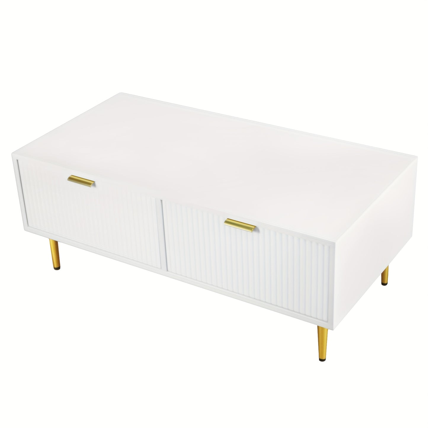 Modern White Metal Coffee Table with Golden Accents, 2 Drawers & Vertical Stripe Design - 100x50x40cm Contemporary Sofa Cabinet for Living Room, No Assembly Required, Coffee Table for Living Room, Decorative Accents, Sleek Fi