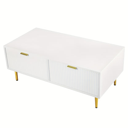 Modern White Metal Coffee Table with Golden Accents, 2 Drawers & Vertical Stripe Design - 100x50x40cm Contemporary Sofa Cabinet for Living Room, No Assembly Required, Coffee Table for Living Room, Decorative Accents, Sleek Fi