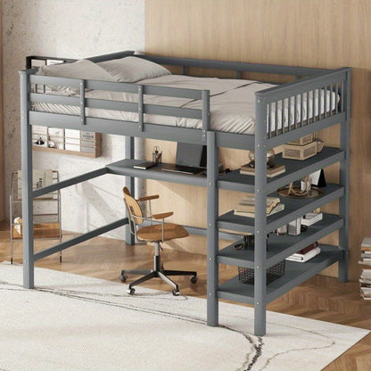 Hoogslaper – Stapelbed – Bed met Opbergruimte – Bedbank – Studentenkamerbed – 140x200 cm – Met Bureau en Metalen Frame – Grijs