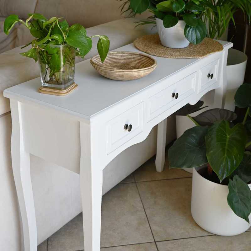 Sidetable – Consoletafel – Wandtafel – Haltafel – Dressoir – 3 Ruime Laden – Stevig Hardhouten Frame – Strak Wit Afgewerkt