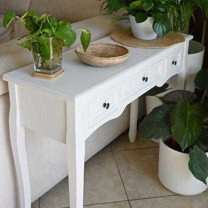 Sidetable – Consoletafel – Wandtafel – Haltafel – Dressoir – 3 Ruime Laden – Stevig Hardhouten Frame – Strak Wit Afgewerkt