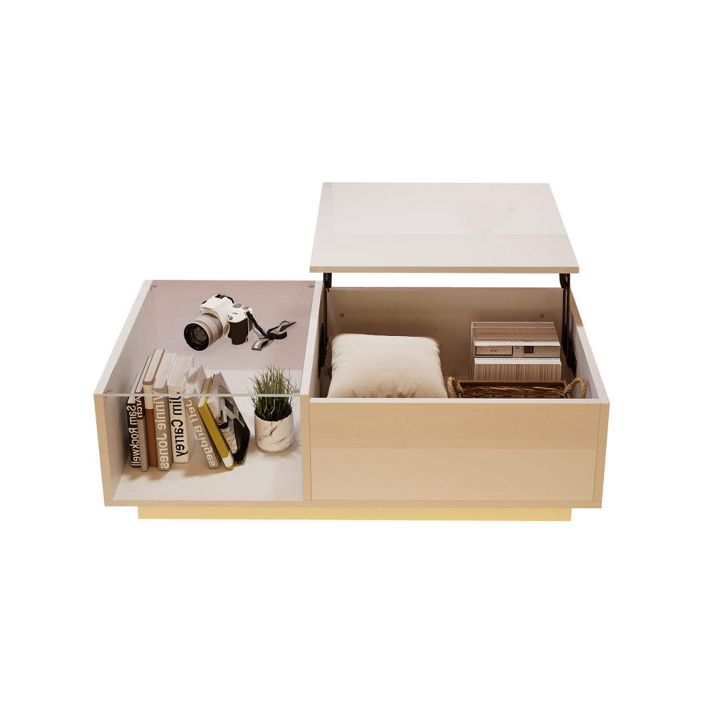 Modern Adjustable Height Coffee Table with Hidden Storage & Shelves - Heavy-Duty Metal Construction, High-Gloss Finish, Space-Saving Design with Lower Shelf & Openable Compartment, Easy Assembly, Contemporary Living Room Furn