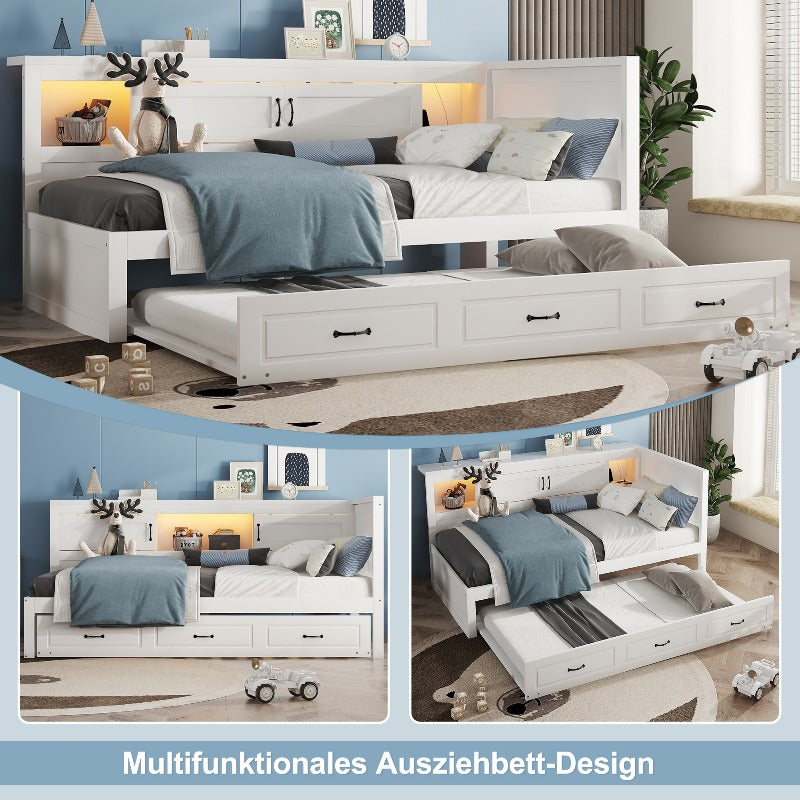 Bankbed – Slaapbank – Bedbank – Logeerbed – Slaapstoel – Modern Wit – Uitschuifbaar 90x200 cm – Opbergruimte Onder Bed Met Wieltjes