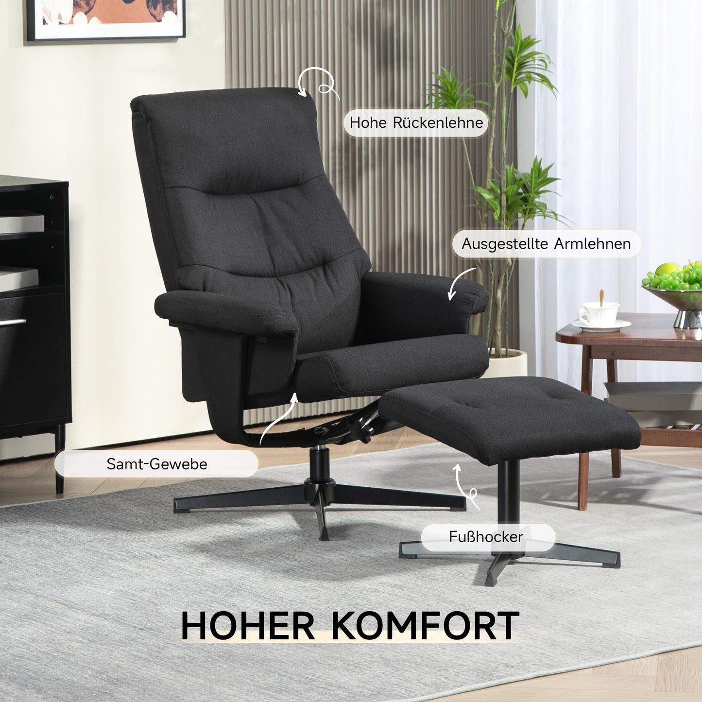 Draaifauteuil – Relaxstoel – Schommelstoel – Fauteuil Met Voetenbank – Lounge Chair Zwart – Fluwelen Bekleding – Schommelfunctie – Draaibaar – Max 150 kg