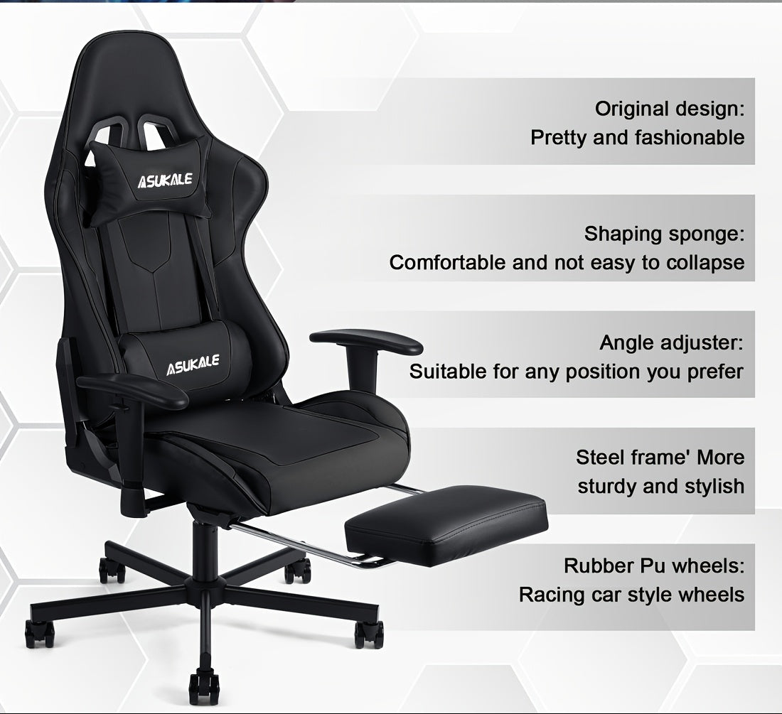Ergonomische Gamingstoel – Bureaustoel – Gamestoel – Office Chair – Computerstoel – Verstelbare Hoogte – Comfortabele Voetensteun – Zwart – PU Kunstleer – Ergonomische Lendensteun en Hoofdsteun