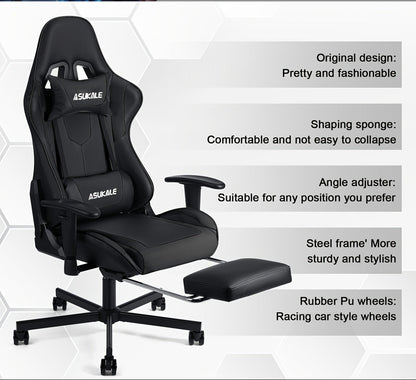 Ergonomische Gamingstoel – Bureaustoel – Gamestoel – Office Chair – Computerstoel – Verstelbare Hoogte – Comfortabele Voetensteun – Zwart – PU Kunstleer – Ergonomische Lendensteun en Hoofdsteun