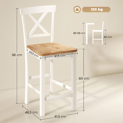 Barstoel – Barkruk – Keukenkruk – Barstoel met Rugleuning – Set van 2 – Rubberwood – Natuurlijk Eiken en Wit – Ergonomisch Design – Zithoogte 60 cm