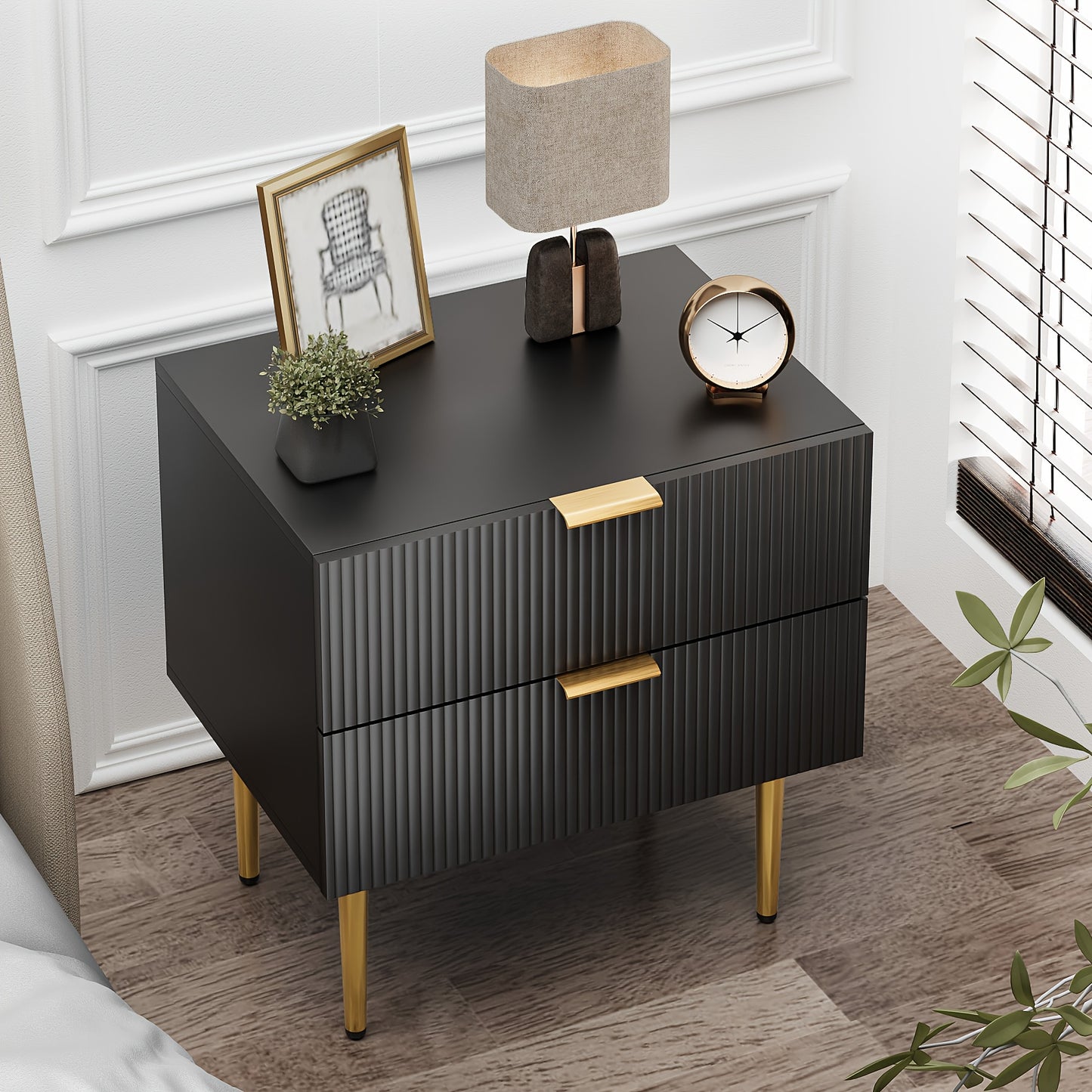 1pc Modern Black Metal Nightstand with 2-Drawer Bedside Storage - Matte Black & Golden Legs, Space-Saving Design, Easy Assembly, Compact Bedside Table for Small Bedrooms, Contemporary Minimalist Furniture with Golden-Toned Ha