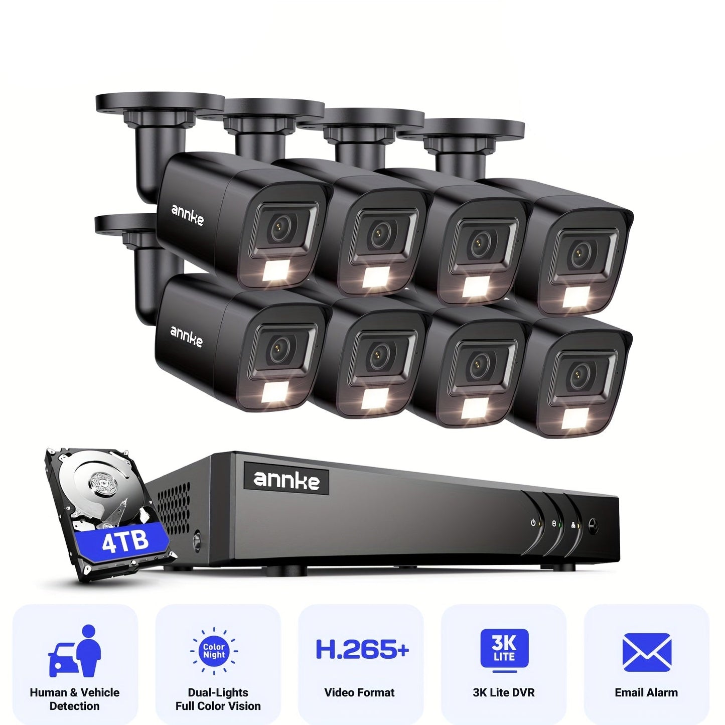 Beveiligingscamera – Camerabewaking – Inbraakbeveiliging – Kluscamera – 16-kanaals DVR met 4TB opslag – AI Mens- en Voertuigdectie & Nachtzicht 20m