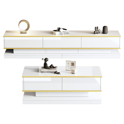 tv-meubel – tv-kast – tv-console – salontafel – woonkamermeubel – Hoogglans Wit Met Gouden Accenten – 3 Laden Tv-meubel & 2 Laden Salontafel