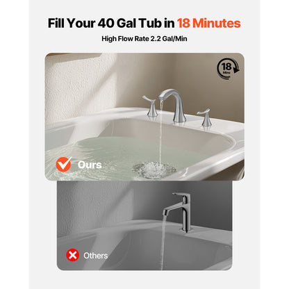 VEVOR Roman Tub Faucet, 3 Hole Waterfall Bathtub Faucet, Gooseneck Bath Tubs Faucets Set with 2 Handles, Deck Mount Bath Tub Faucets Set for Baby Care, Adult Bathing, Brushed Stainless Steel, High Arc