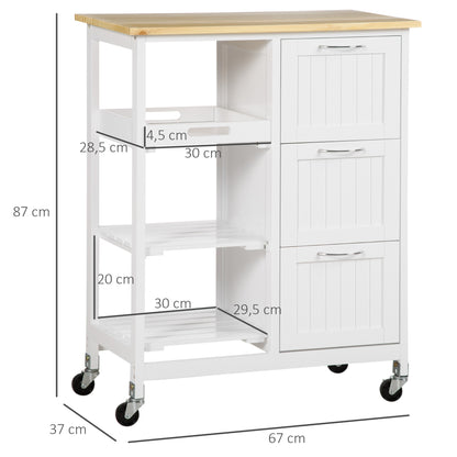 Keukenwagen – Keukentrolley – Serveerwagen – Keukenmeubel – Werktafel – Landelijke Witte Stijl – 3 Grote Lades – 4 Wieltjes Voor Makkelijk Verplaatsen