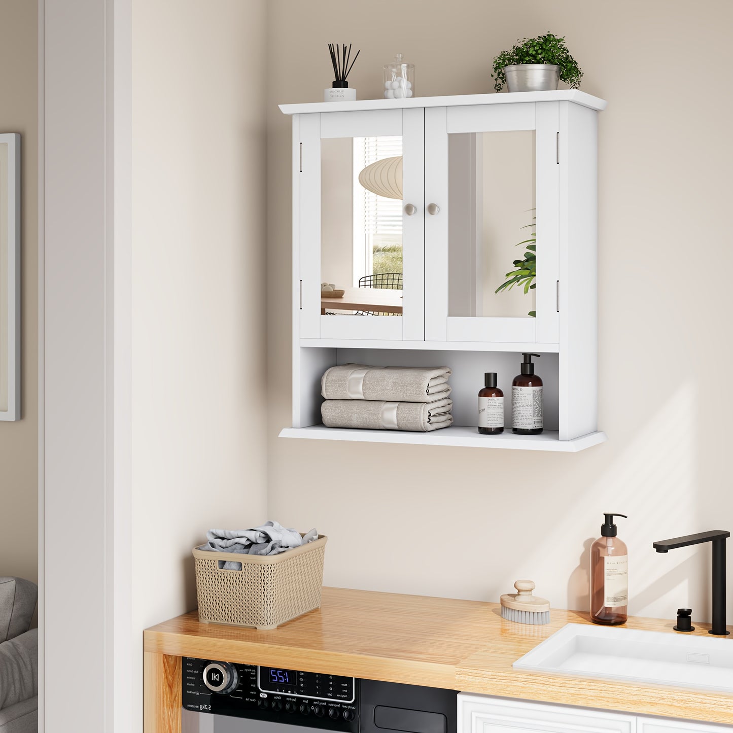 Badkamerkast – Badkamermeubel – Kolomkast – Spiegelkast – Medicijnkast – Wit MDF & Glas – Verstelbare Legplanken – Vrijstaand en Wandmontage